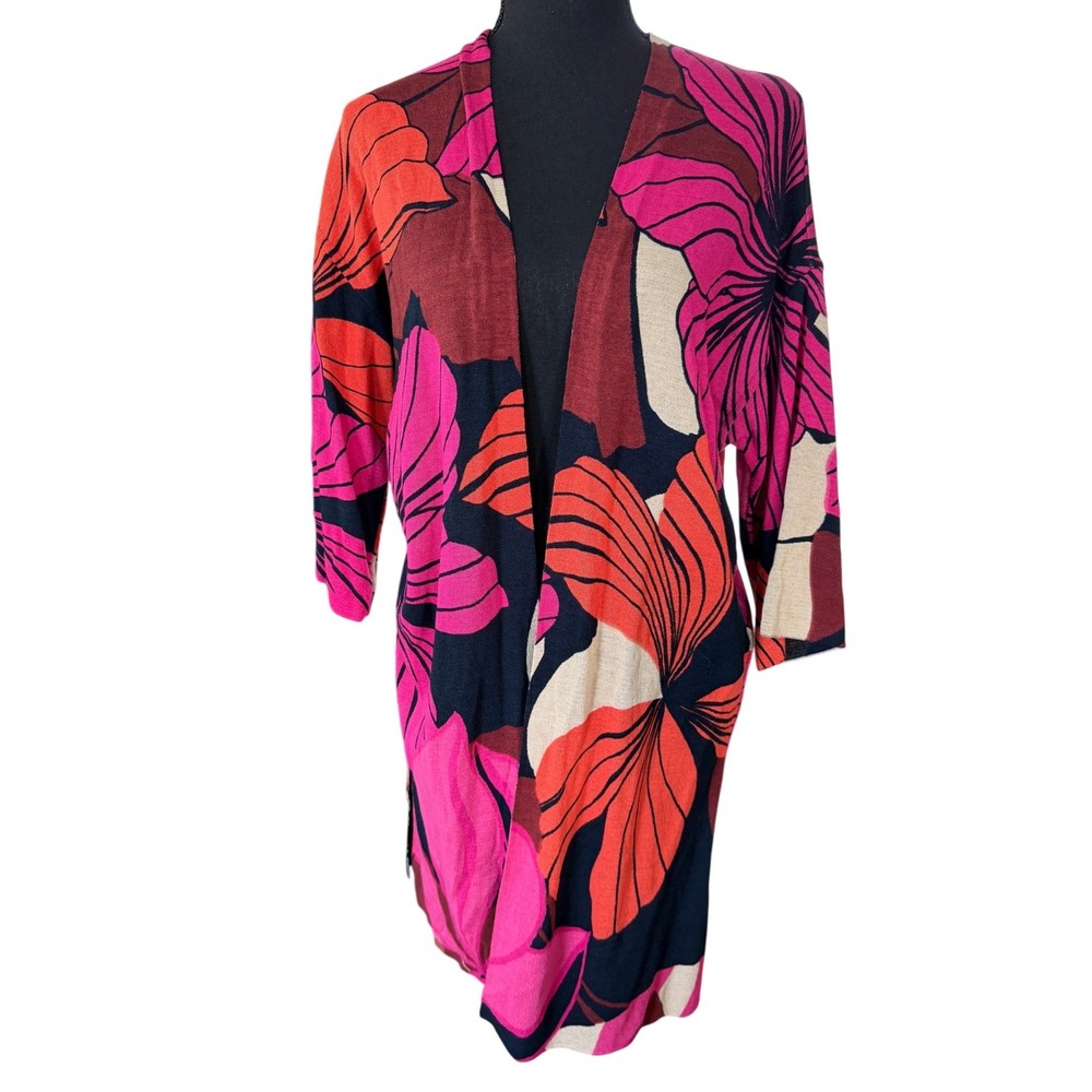 Chicos Floral Open Front Cardigan Pink Orange Black Knit Longline Size 1 M